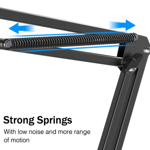 Close-up of heavy duty microphone arm stand with suspension boom showcasing strong springs for increased range of motion.