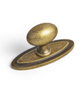 Badass Hella Smooth Antique Brass Cabinet Knobs With Oval Backplate For Kitchen Drawers And Furniture Upgrades Zinc Alloy Hardware Top Shelf Premium Set Of Twelve close-up view of antique brass knob with oval backplate.