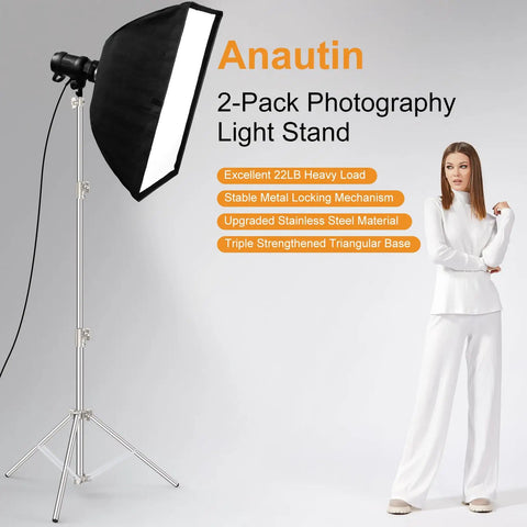 Beefy 9.2 Ft Heavy-Duty Light Stand Kit Two Pack With Dual Springs, softbox setup, woman standing in studio setting