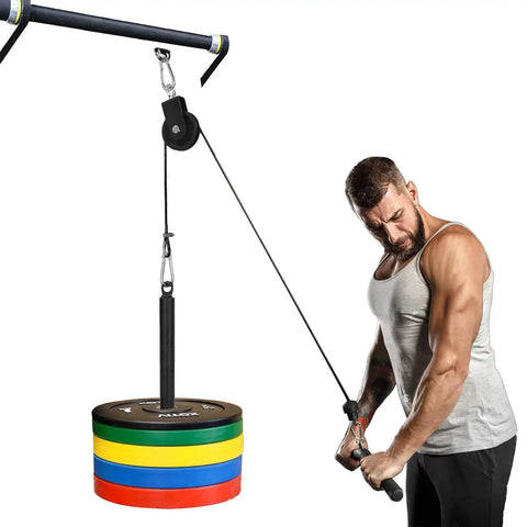 360 Degree Rotating Gym Cable Pulley With Hanging Straps And Carabiner, Heavy Duty DIY Cable Machine Attachment For Home Gym And Projects, Snatch Rigging Block 3.54 Inch Lifting Blocks on gym rack with user pulling cable