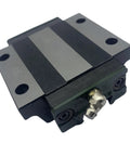Close-up of SR25TB Linear Rail Kit carriage block for CNC machines and 3D printers, showing metal construction and smooth finish.