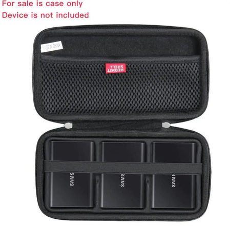 Open Rugged Travel Case For Samsung T7 And T7 Touch Portable SSD 1TB 2TB 500GB USB 3.2 External Solid State Drive, black, showing capacity for three drives.
