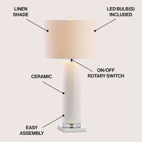 White Ceramic Table Lamp With Chrome Base 31.5 Inch Tall, White Linen Drum Shade, Modern Bedside Nightstand Light