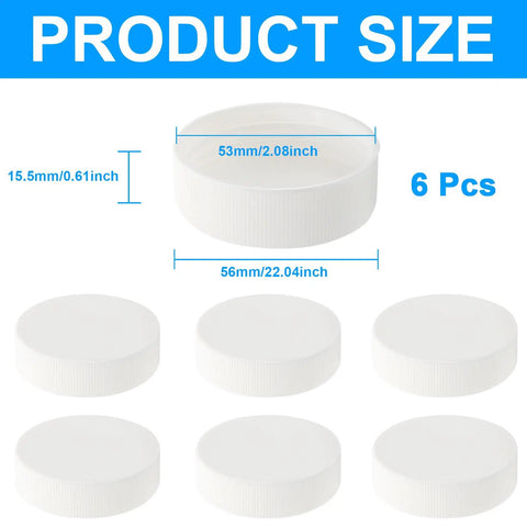 Image of Six Pack Of 53Mm Screw On Water Bottle Caps With Foam Lined Leak Free Seal For 5 Gallon Jugs, showing sizes 53mm and 56mm.