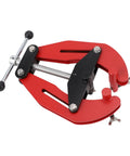 Heavy Duty Adjustable Pipe Alignment Clamp With Quick Acting Dual Handle Screws For Precise Welding And Perfect Fit On 2 To 6 Inch Pipes showing red and black design.