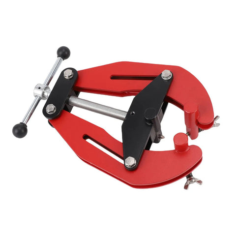 Heavy Duty Adjustable Pipe Alignment Clamp With Quick Acting Dual Handle Screws For Precise Welding And Perfect Fit On 2 To 6 Inch Pipes showing red and black design.