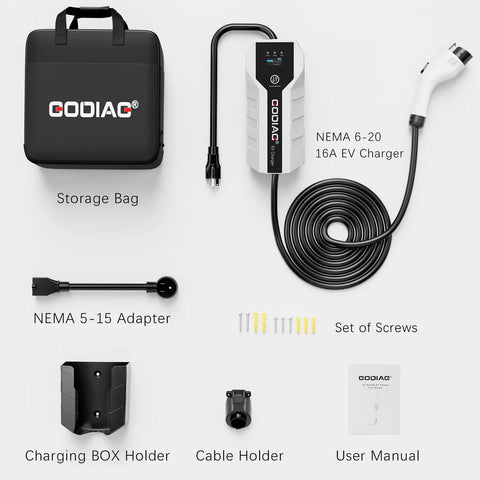 Portable J1772 EV Charger With 20Ft Cable For Level 1 And Level 2 Charging ETL Certified 16 Amp, shown with accessories.