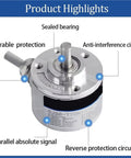 Optical Absolute Rotary Encoder 6mm Shaft, High Resolution 32 To 4096 PPR, Wide DC 5 To 24V Power, shown with labeled features.