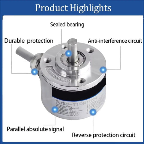 Optical Absolute Rotary Encoder 6mm Shaft, High Resolution 32 To 4096 PPR, Wide DC 5 To 24V Power, shown with labeled features.