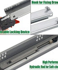 Close-up of undermount drawer slides 15 inch full extension soft close concealed runners with mounting screws and brackets shown