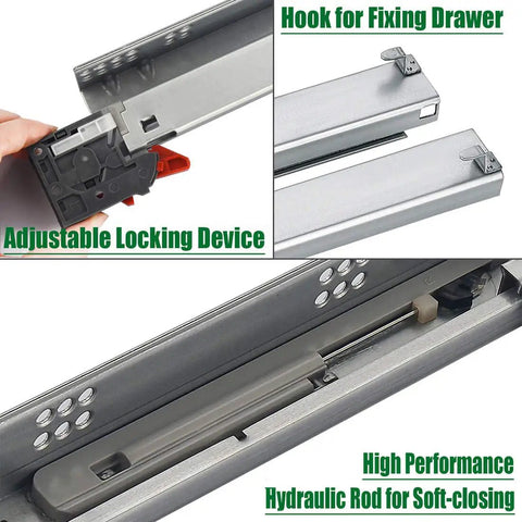 Close-up of undermount drawer slides 15 inch full extension soft close concealed runners with mounting screws and brackets shown