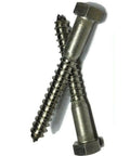 Angled view of two 1/4 x 2-1/2 in stainless steel lag screws and a hex head bolt