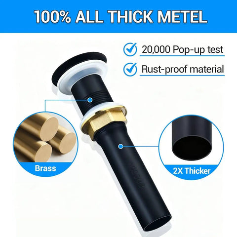 Matte Black Bathroom Vessel Sink Faucet pop up drain in brass, highlighted design and 2X thickness, quiet operation feature visible.