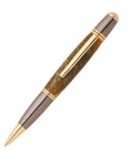 Gold And Gunmetal Gatsby Twist Woodturning Pen Kit Includes 3 Top Shelf Ballpoint Hardware Sets Designed For Lathes with a glossy brown body.