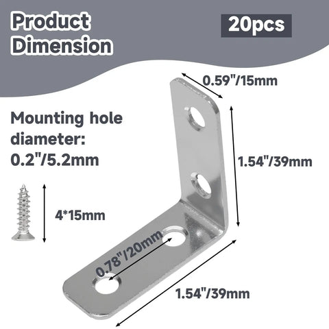 Diagram showing measurements of Heavy Duty L Bracket Corner Braces 20 Pack 1.5 Inch Right Angle Mounts for wood, with zinc plated screws.