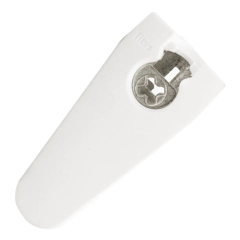 100 Pack Dead Reliable Cam Connectors For 19 Mm Panels With Ridge Drop In Cam Lock Nut Furniture Fasteners White Finish Outrigger Version close-up of a white cam lock fastener