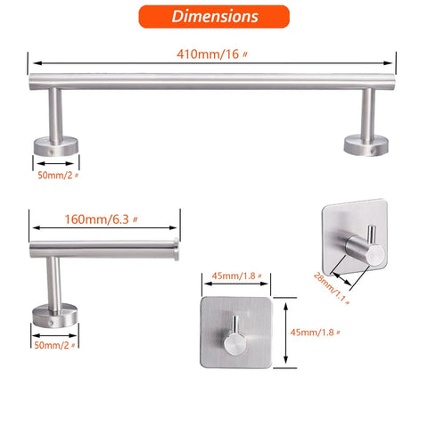 Dimensions of Four-Piece Brushed Nickel Bathroom Hardware Set With 16-Inch Hand Towel Bar Toilet Paper Holder And Two No-Drill Adhesive Towel Hooks