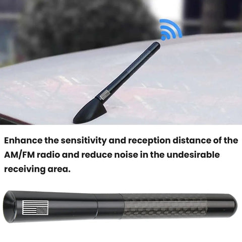 Short Car Antenna 4.7 Inch Carbon Fiber With American Flag Aluminum Design for AM FM Radio Reception on car roof