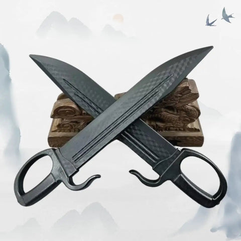 18 Inch Plastic Butterfly Swords Set Of 2 For Martial Arts Training Black Practice Blades Lightweight Durable Safe Swords For Beginners And Kids Realistic Look Without Metal crossed on wooden stand.