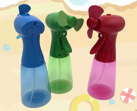 Two Pack Portable Battery Powered Misting Fans Handheld Evaporative Coolers with Soft Blades in blue, green, and red.