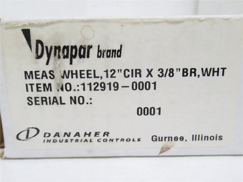Label of No Sweat 12 Inch Circumference Rubber Measuring Wheel, 3/8 Inch Bore, White Color, highlighting item specifications.