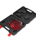 Heavy Duty 17 Pc Hole Saw Kit With Bi Metal Drill Bits For Woodworking And Metal Cutting Jobs Featuring Smooth Stable Operation To Slice Through Plastic Steel Fast Without Vibration Or Hassle In A Handy Carrying Case, open case with red hole saw set