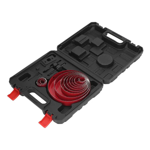 Heavy Duty 17 Pc Hole Saw Kit With Bi Metal Drill Bits For Woodworking And Metal Cutting Jobs Featuring Smooth Stable Operation To Slice Through Plastic Steel Fast Without Vibration Or Hassle In A Handy Carrying Case, open case with red hole saw set