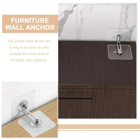 Four Pack Anti Tip Anchors For Furniture Stainless Steel And Acrylic, Adjustable Wall Mount Design, No Drill Required, Easy Install For Dressers Shelves TV Consoles Cabinets Keeping Kids Pets And Heavy Appliances Safe, installed on cabinet and wall