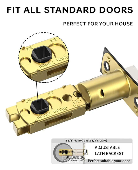 Diagram of adjustable latch for Black Privacy Door Handle Set With Keyless Interior Lock, fits 2-3/8 in to 2-3/4 in backset