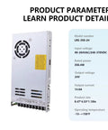 Heavy Duty 24 Volt 350 Watt Switching Power Supply showing model LRS-350-24, compact design with ventilation, 8.47x4.53x1.18in size.