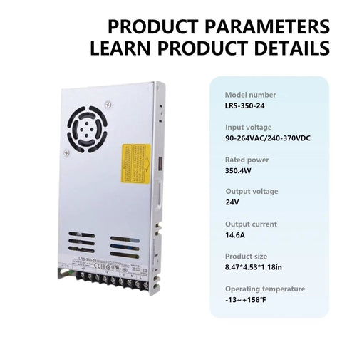 Heavy Duty 24 Volt 350 Watt Switching Power Supply showing model LRS-350-24, compact design with ventilation, 8.47x4.53x1.18in size.