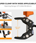 Heavy Duty Camera Clamp Mount With Two 360 Degree Ball Heads Magic Arm showing 60mm clamp opening on various surfaces.