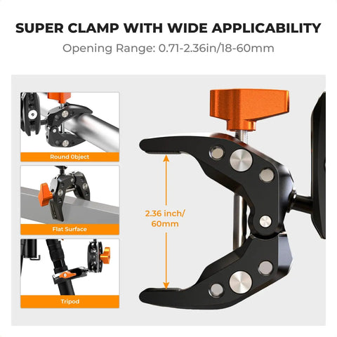 Heavy Duty Camera Clamp Mount With Two 360 Degree Ball Heads Magic Arm showing 60mm clamp opening on various surfaces.