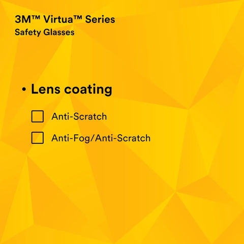 3M Virtua Series safety glasses features anti-scratch and anti-fog coatings for clear lens protection on geometric background