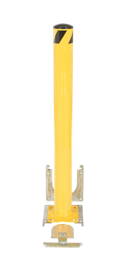 Tough As Nails Heavy Duty Welded Steel Safety Pipe Bollard With Quick Swap Surface Plate 48 Inches Tall 4 Point 5 Inches Wide In Sharp Safety Yellow Paint, vertical view with base plate.