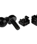 Heavy Duty M6 Rack Screws And Square Hole Cage Nuts Kit With Ratchet Tool, 50 Pack Black Steel hardware on display.