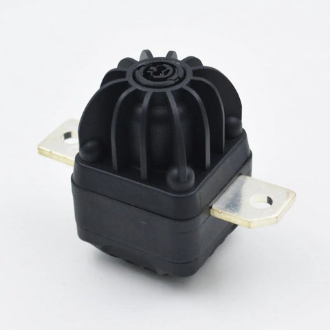 Heavy Duty High Voltage Pyrofuse Battery Disconnect Unit For Trucks And Evs Direct Bolt Up, black plastic body with metal terminals.