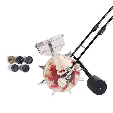 Easy No Bend Seed Dispenser For Garden Rows Manual Lawn Spreader with 7 mouths and 5 seed wheels, versatile seeder tool