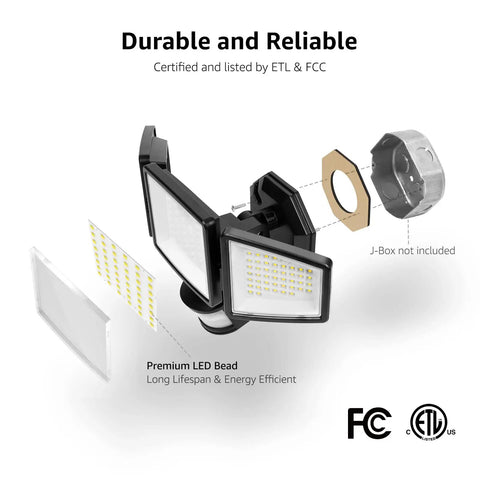 LED Security Light Outdoor Motion Sensor Flood Light With 3 Adjustable Heads showing parts and assembly illustration