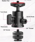 Diagram of Mini Ball Head H28 Panoramic Tripod Head with dual hot shoe mount showing turn knob, screw knob, and 1/4" thread.