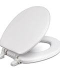 Ultra Comfy Round Padded Toilet Seat Loaded With Thick High Density Foam Core And Heavy Duty Smooth Vinyl Cover Bright White Finish No Sweat Setup Classic Round Compatible open toilet seat showing smooth vinyl covered foam.
