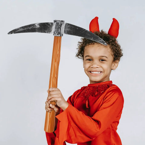 Child holding foam pickaxe prop for kids costume and stage performance approximately nineteen inch lightweight miner tool toy.