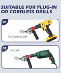 Drill Metal Shear Attachment With 360 Degree Pivoting Head for Cordless Drills on two different drill models.