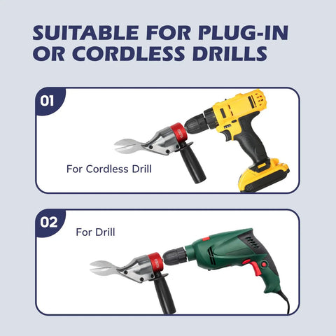 Drill Metal Shear Attachment With 360 Degree Pivoting Head for Cordless Drills on two different drill models.