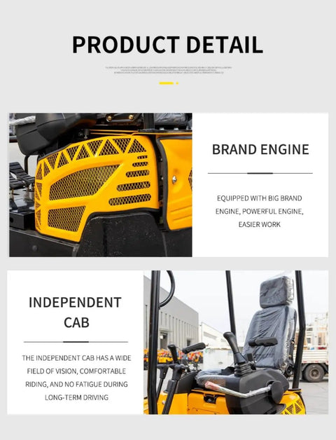 1 To 3 Ton Hydraulic Mini Excavator with brand engine and independent cab details for farm work and yard projects.