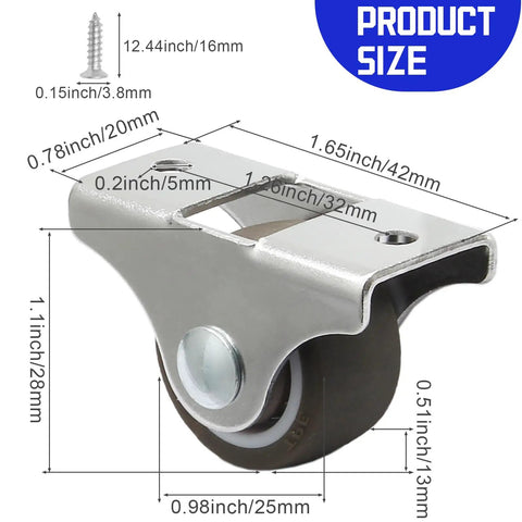 Set Of Four 1 Inch Caster Wheels With Metal Tops And TPE Rubber Low Profile Fixed Casters For Furniture Cabinets Drawers And Beds Quiet Smooth Rollers For Easy Under Furniture Mobility And Silent Floor Glide No Fuss
