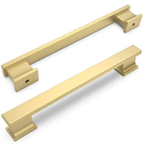Straight Up Premium Brushed Gold Cabinet Handles 10 Pack 5 Inch Center To Center Heavy Duty Drawer Pulls Kitchen Cabinet Door Hardware No Fuss Knockout Design, two stylish gold handles.