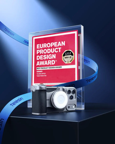 Master Grip Universal Magnetic Phone Grip With C03 Selfie Light Kit next to European Product Design Award plaque