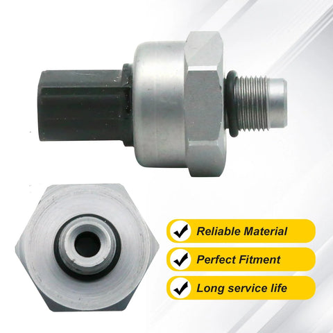 Brake fluid pressure sensor with metal housing, black electrical connector, and threaded mount; side and front views.