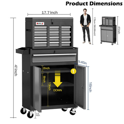 7 Drawer Tool Chest On Wheels, 40 Inch Rolling Metal Toolbox With Detachable Top, Sturdy Garage Storage Cabinet For Home Workshop, Includes Hooks, Liners, Tray Divider, Heavy Duty Black, dimensions shown